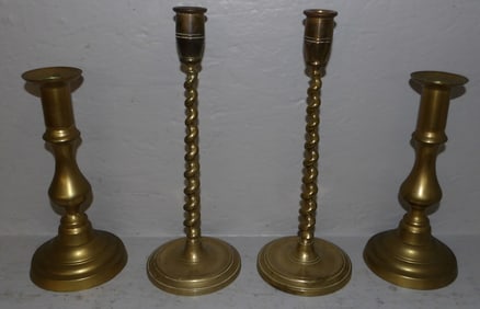 Two Pair of Antique Brass Round Base Candlesticks