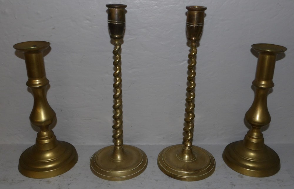 Two Pair of Antique Brass Round Base Candlesticks  (1 of 6)