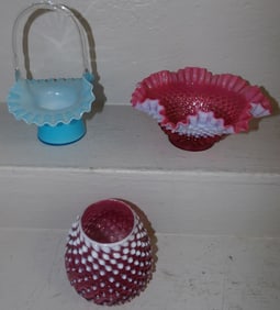 Two Pieces of Cranberry Hobnail & Blue Fenton Basket