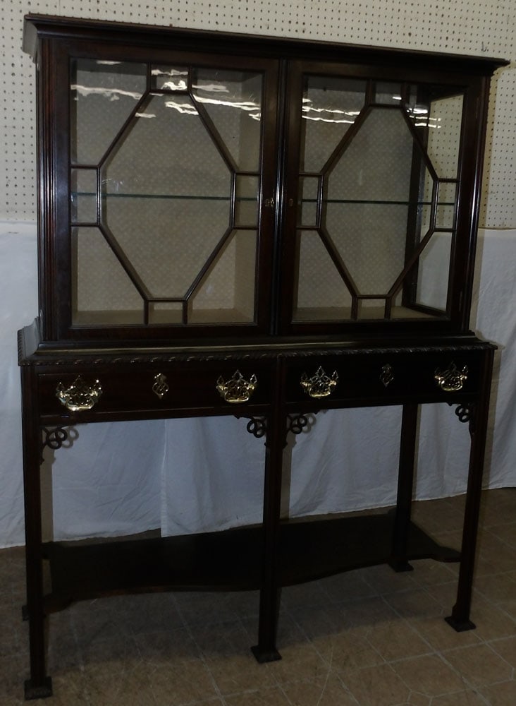 Antique Mahogany Chippendale Two Piece Glass Door Cabinet  (1 of 9)