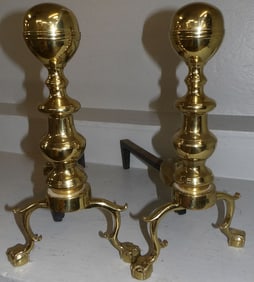 Pair of Brass Cannonball Andirons by Virginia Metalcrafters