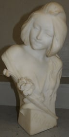 Carved Alabaster Bust of Lady Signed Pense'e