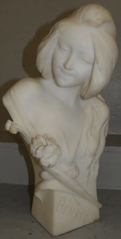 Carved Alabaster Bust of Lady Signed Pense'e: Carved Alabaster Bust of Lady Signed Pense'e. 19 3/4" H 11" W 9" D