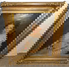 19th Century Oil on Canvas Portrait of Young Girl in Ornate Frame