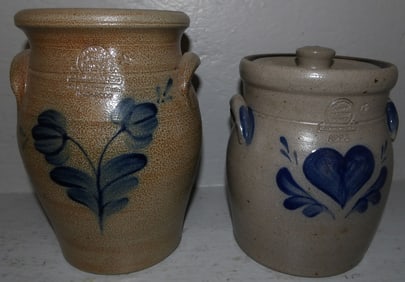 Two Blue Decorated Rowe Pottery Crocks