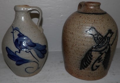 Two Blue Decorated Pottery Jugs with Bird Decoration, (One Rowe)