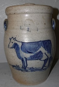Rowe Pottery Crock with Cow Decoration
