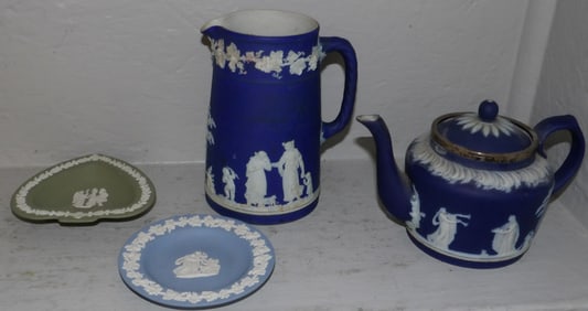 Wedgwood Pitcher, Teapot, & Two Small Dishes