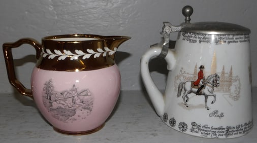 Antique Copper Luster Pitcher & German Pewter Top Porcelain Mug