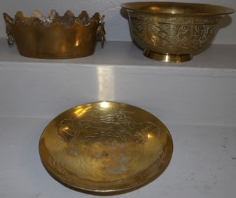 Two Oriental Brass Bowls with Dragon Motif & Brass Jardiniere
