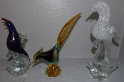 Three Art Glass Birds