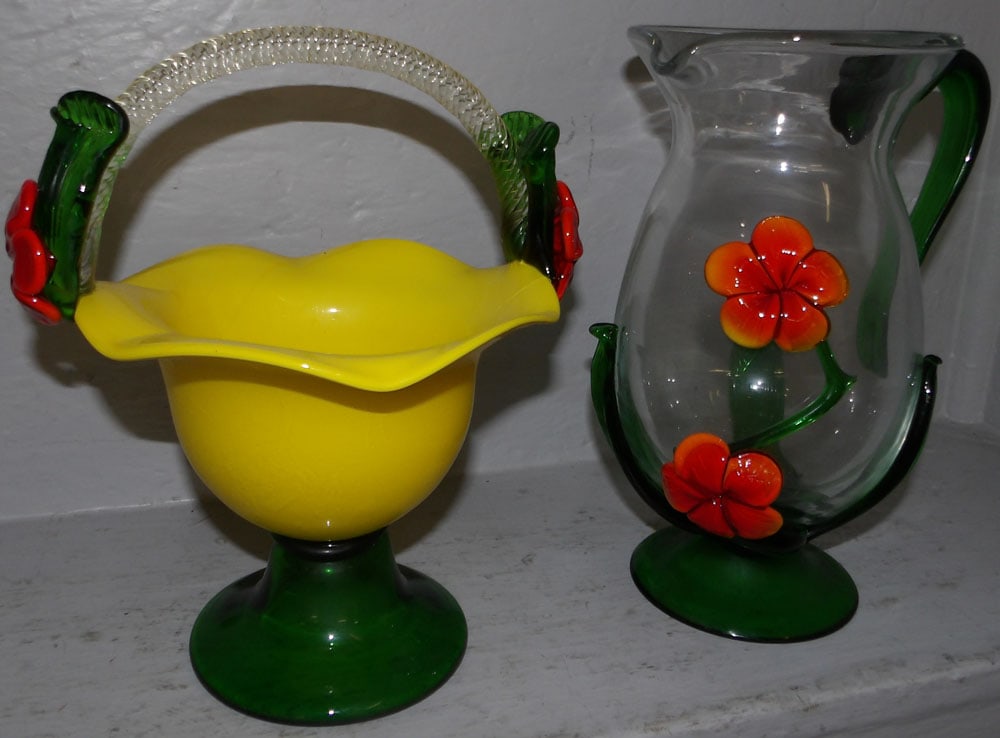 Art Glass Basket & Art Glass Pitcher : Art Glass Basket & Art Glass Pitcher . Up to 10 1/4" H 7" Dia.