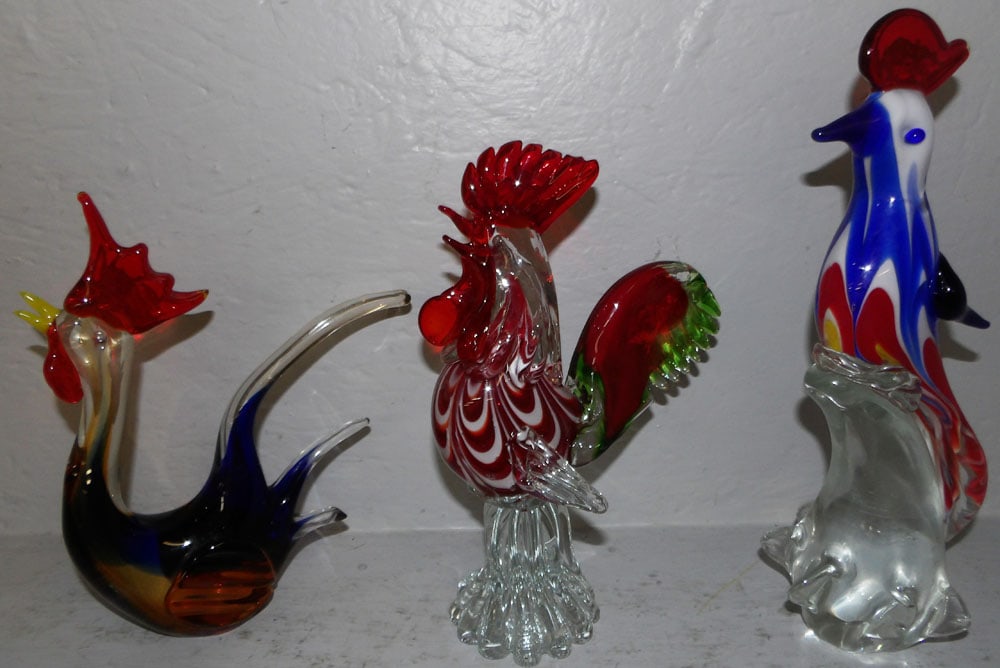 Three Art Glass Birds, (Two Roosters): Three Art Glass Birds, (Two Roosters). Up to 13" H 5" Dia.