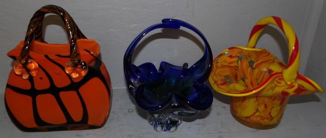 Three Art Glass Baskets