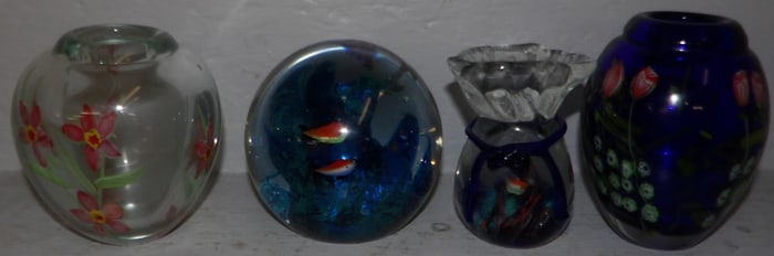 Two Art Glass Vases & Two Paperweights