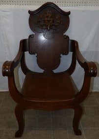 Antique Oak Arm Chair with Carved Northwind Face