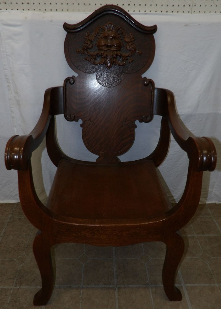 Antique Oak Arm Chair with Carved Northwind Face  (1 of 5)