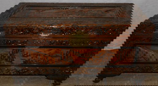 Oriental Carved Wood High Relief Box