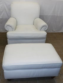 White Leather Upholstered Chair & Ottoman by Ethan Allen