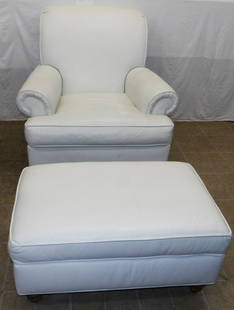 White Leather Upholstered Chair & Ottoman by Ethan Allen: White Leather Upholstered Chair & Ottoman by Ethan Allen. Up to 39 1/2" H 39" W 40" D