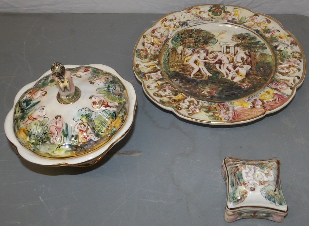 Three Piece Capodimonte Porcelain Lot: Three Piece Capodimonte Porcelain Lot. Up to 9 1/4" Dia.