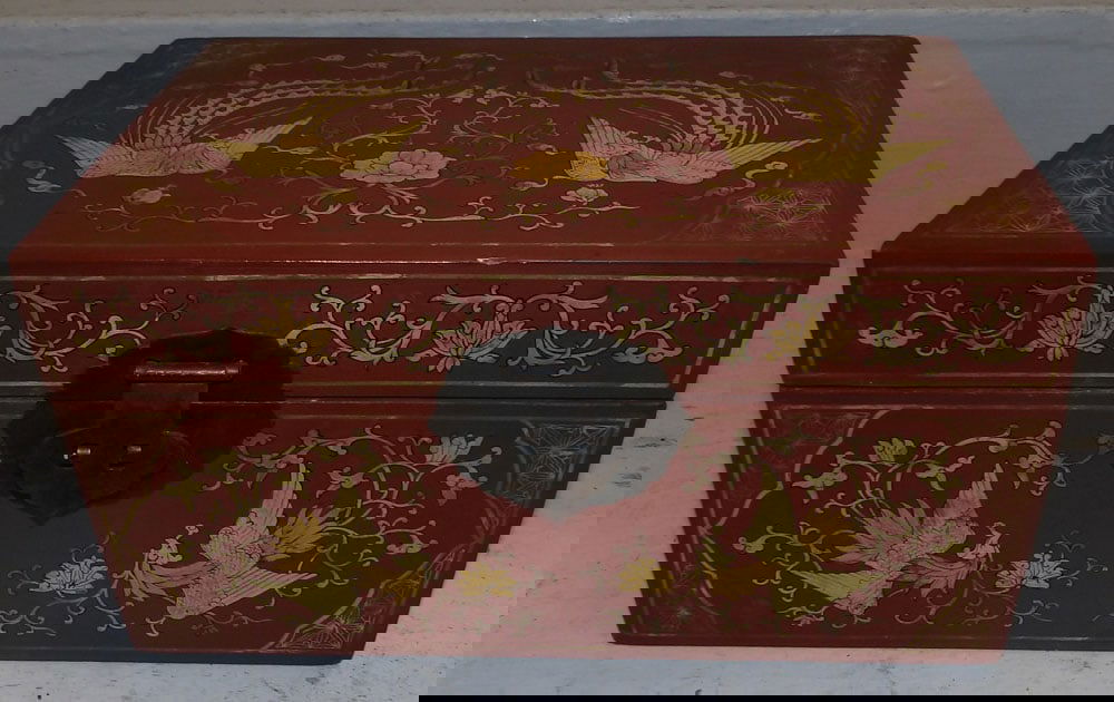 Painted & Red Lacquered Oriental Box  (1 of 6)