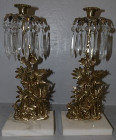 Pair of Brass & Crystal Girondoles with Marble Bases