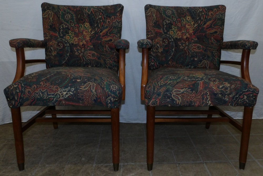 Pair of Walnut & Upholstered Arm Chairs  (1 of 5)