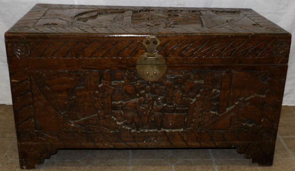 Oriental Carved Wood High Relief Blanket Chest: Oriental Carved Wood High Relief Blanket Chest. 19 1/2" H 35" W 17" D