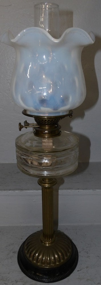Antique Brass & Cut Font Banquet Lamp with Opalescent Shade : Antique Brass & Cut Font Banquet Lamp with Opalescent Shade . 26 1/2" H 7" Dia.