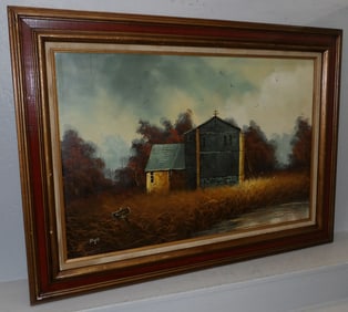 Framed Oil on Canvas Farm Scene Artist Signed