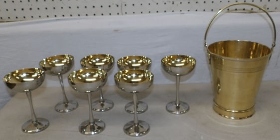 Brass Ice Bucket & 7 Silverplated Goblets