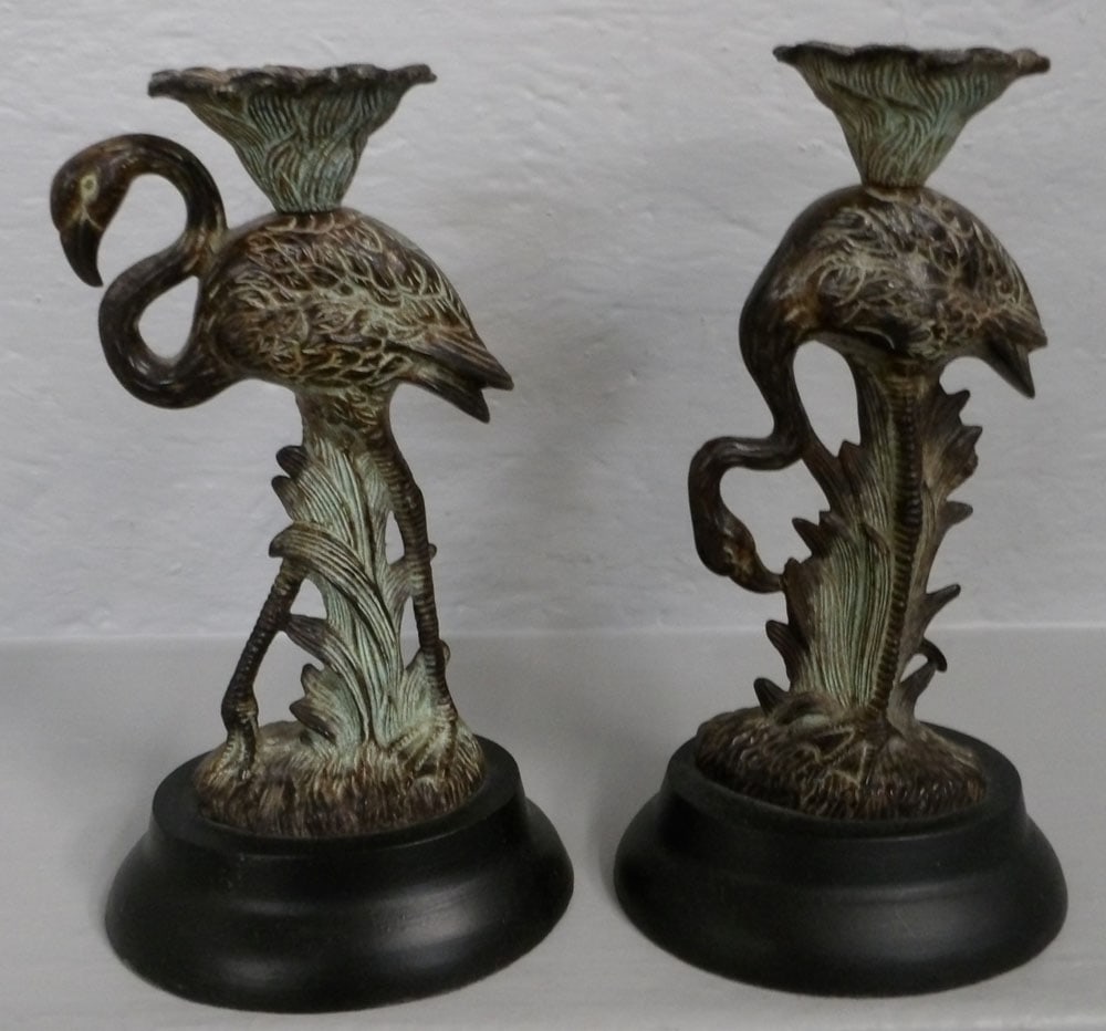 Pair of Painted Metal Heron Candlesticks : Pair of Painted Metal Heron Candlesticks . 9 1/2" H 5" Dia.
