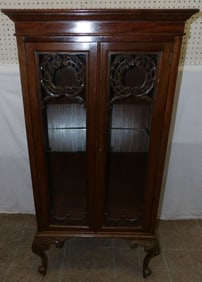 Antique Carved Mahogany Glass Door Cabinet