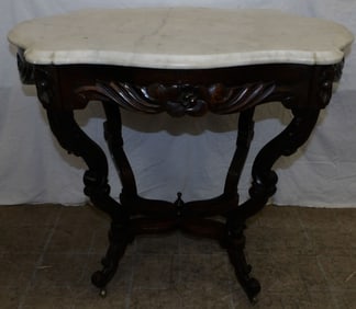 Antique Carved Walnut Victorian Turtle Form Marble Top Table