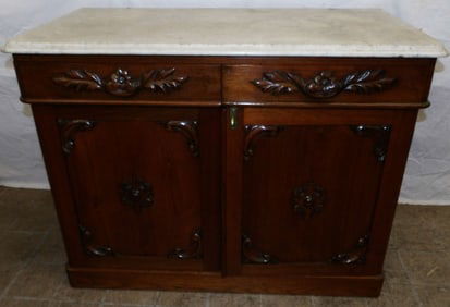 Carved Walnut Victorian Marble Top Cabinet