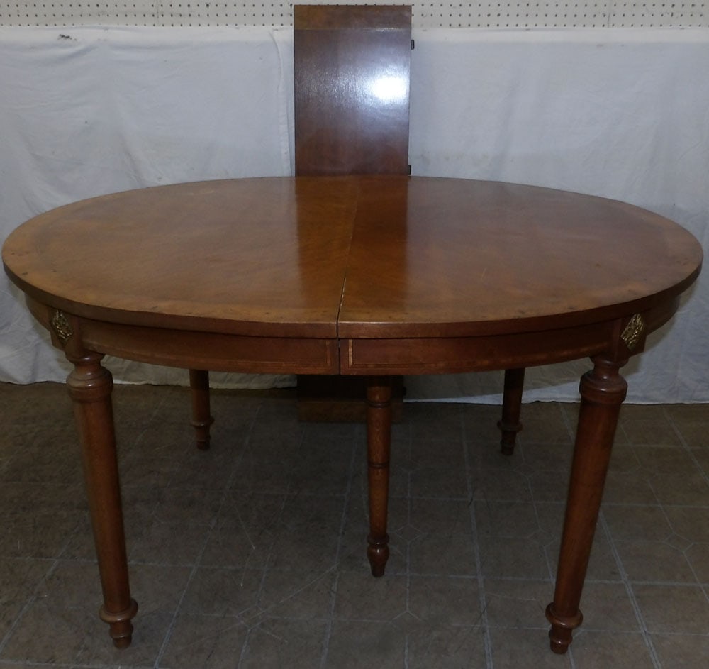 Antique Oval Burl Walnut Banded Top Dining Table with One Leaf & Bronze Accents (1 of 4)