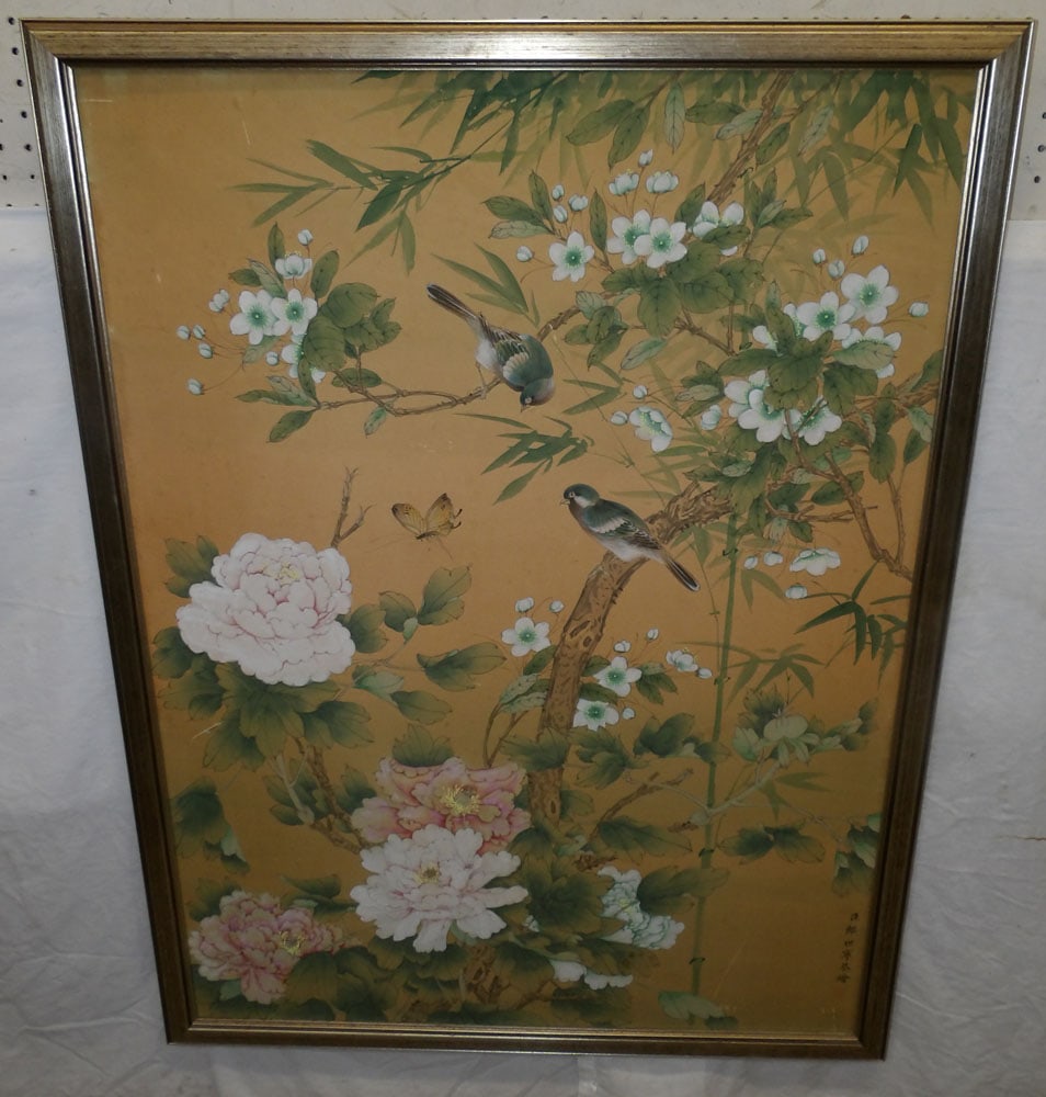 Silver Gilded Frame Oriental Watercolor of Birds Signed with Character Marks  (1 of 3)