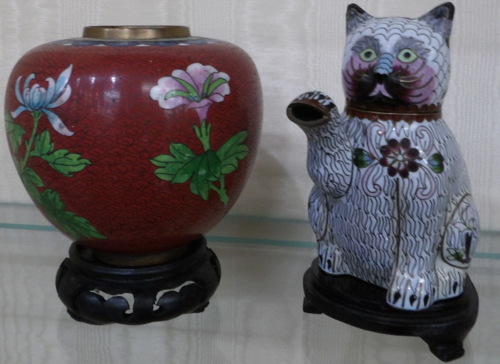 Cloisonne Jar & Cat Teapot: Cloisonne Jar & Cat Teapot. 5 3/4" H 4" Dia.