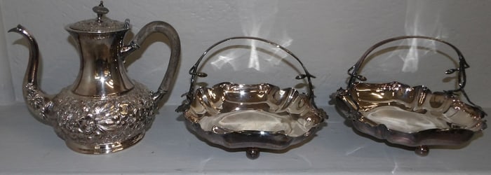 Two Silverplated Baskets & Repousse Silverplated Tea Pot