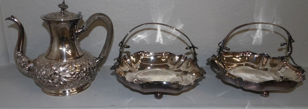 Two Silverplated Baskets & Repousse Silverplated Tea Pot  (1 of 4)