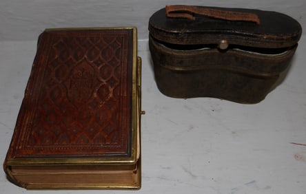 Antique Leather Bible & Mother of Pearl Opera Glasses in Leather Case