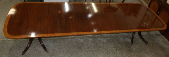 Mahogany & Satin Wood Two Pedestal Dining Table with Four Leaves by Baker Collector's Edition