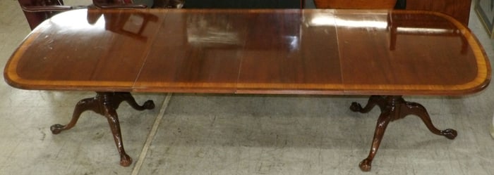 Mahogany & Satin Wood Banded Top Two Pedestal Dining Table with Ball & Claw Feet by Ethan Allen