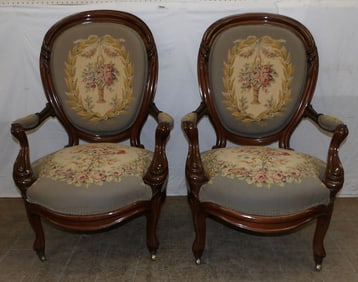 Pair of Carved Walnut Victorian Arm Chairs with Tapestry Upholstery