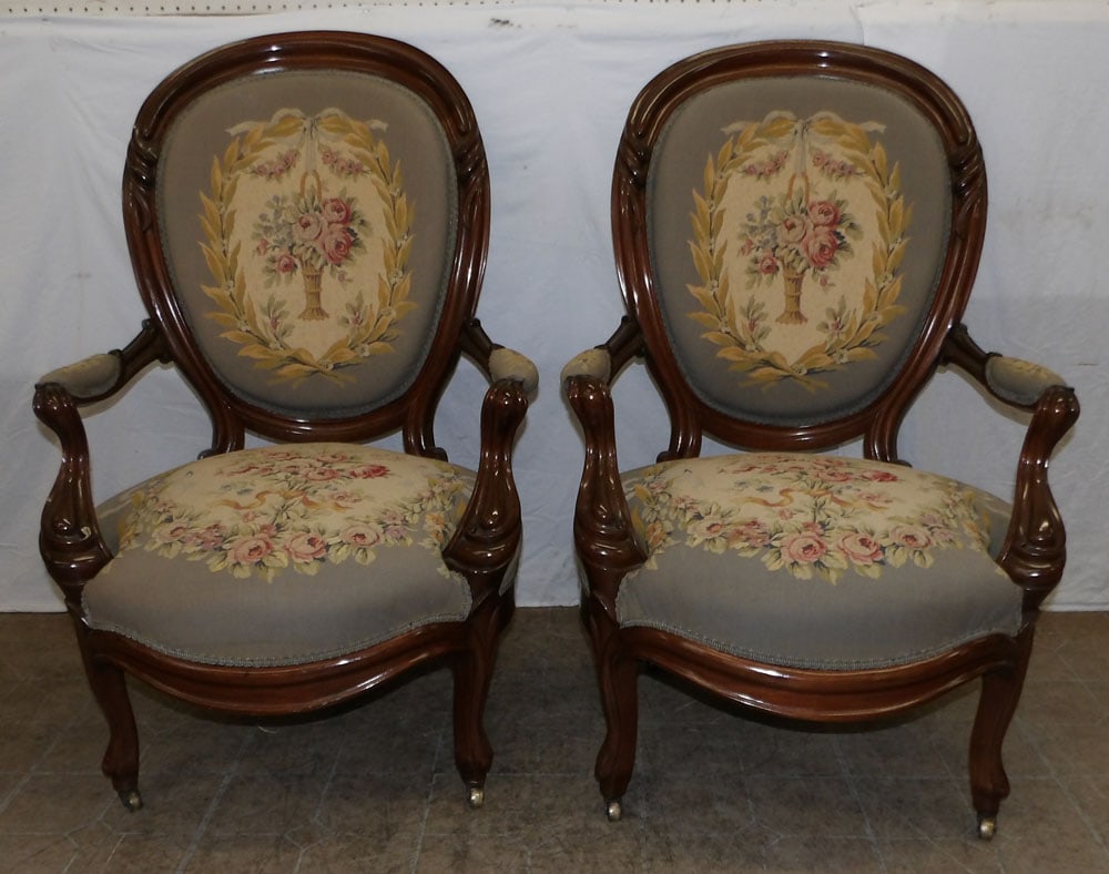 Pair of Carved Walnut Victorian Arm Chairs with Tapestry Upholstery  (1 of 5)