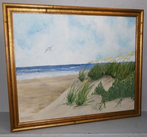 Framed Oil on Canvas Beach Scene