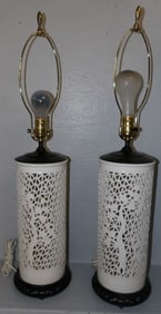 Pair of Oriental Porcelain Open Work Blanc De Chin Vases Made Into Lamps