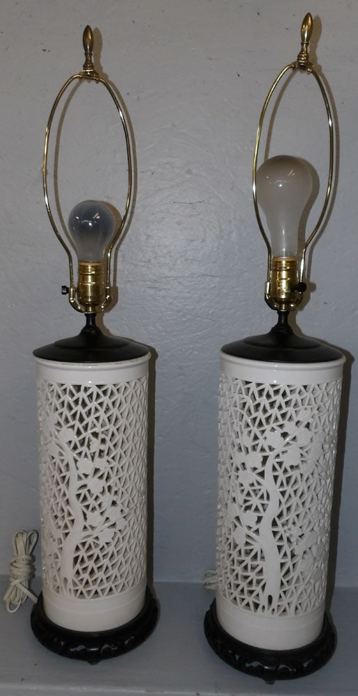 Pair of Oriental Porcelain Open Work Blanc De Chin Vases Made Into Lamps (1 of 3)