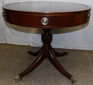 Mahogany Inlaid Tooled Leather Top Drum Table with One Drawer